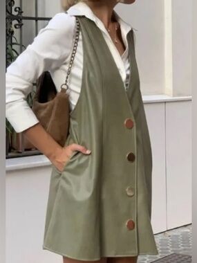 Zara Olive Green Faux Leather Button-Front Vest